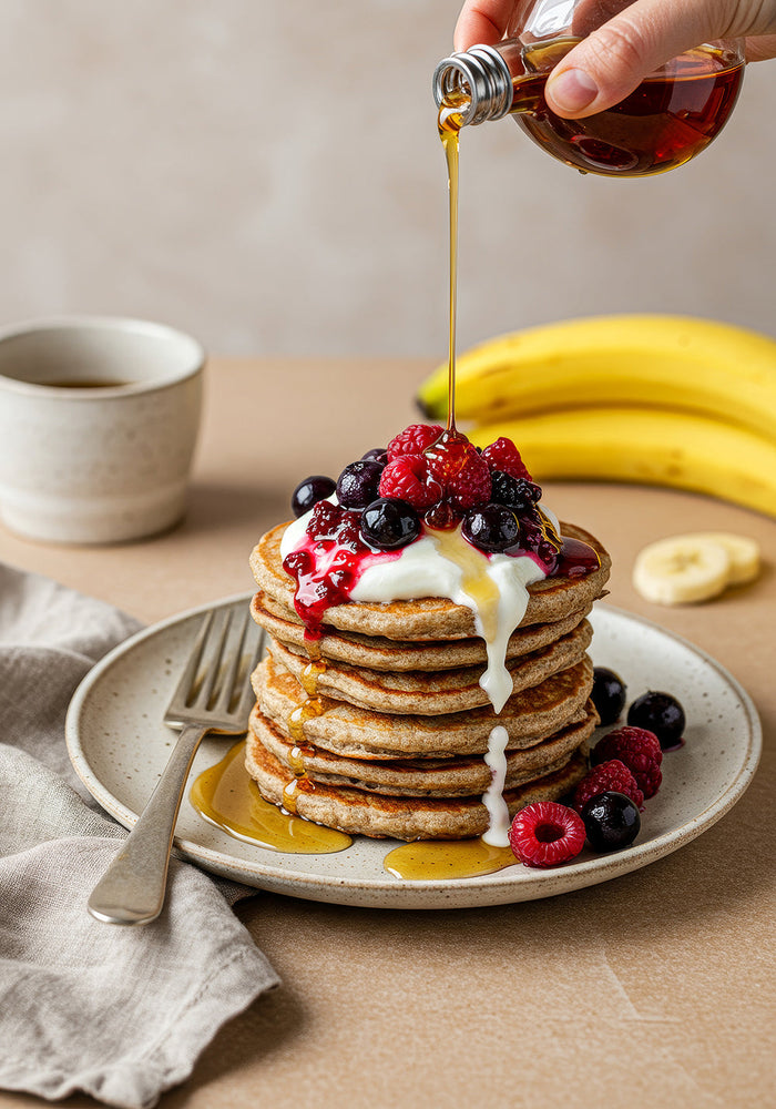 Buckwheat Blender Pancakes with Warm Winter Berries